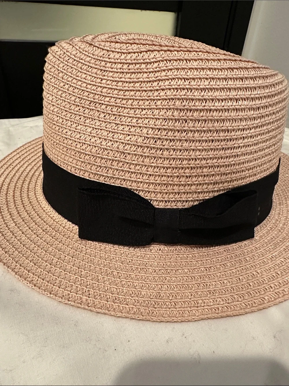 Woven Straw Panama Hat with Black Band - Blush Pink